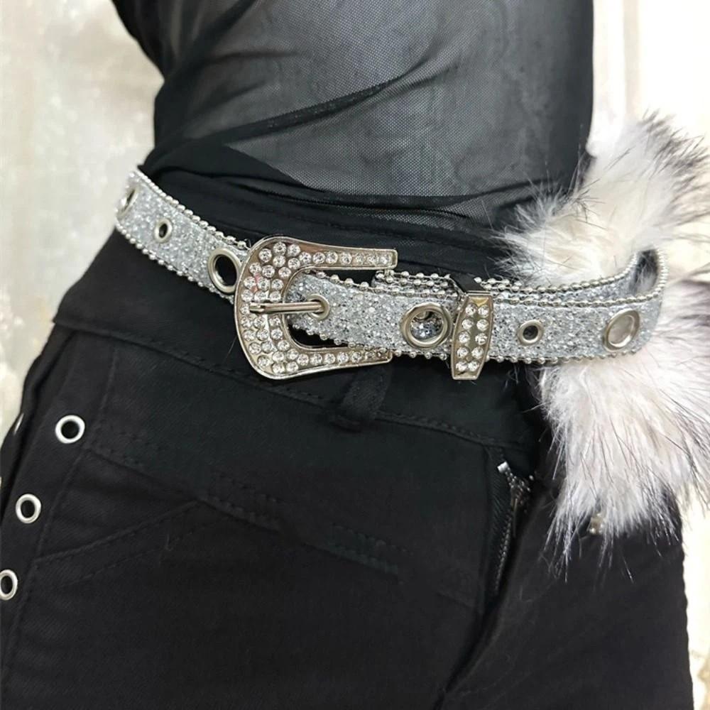 Spicy Girl Style Furry Waistband Rhinestone Y2K Plush Waist Belt Leather Fur Belt  Female/Girls