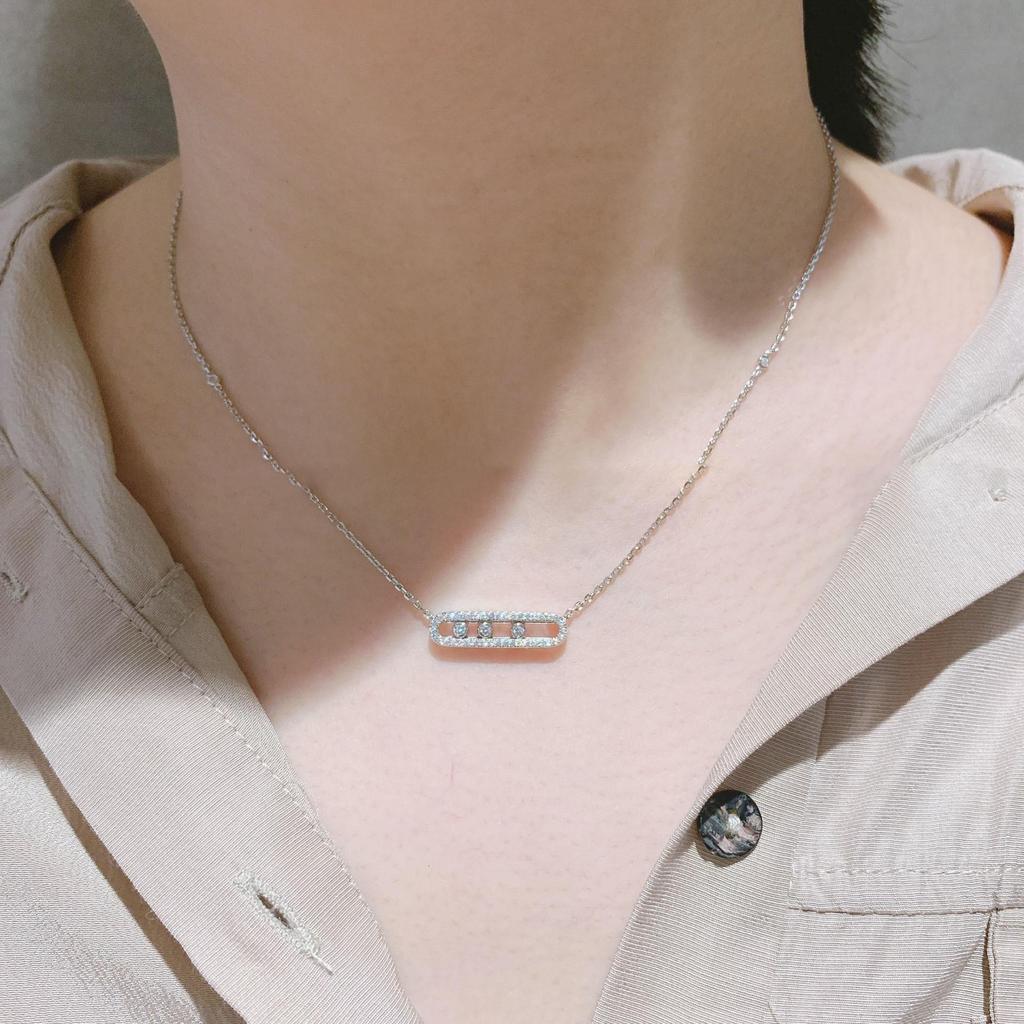 European-Style Gold-Plated S925 Silver Diamond Paperclip Necklace with Three Movable Beads