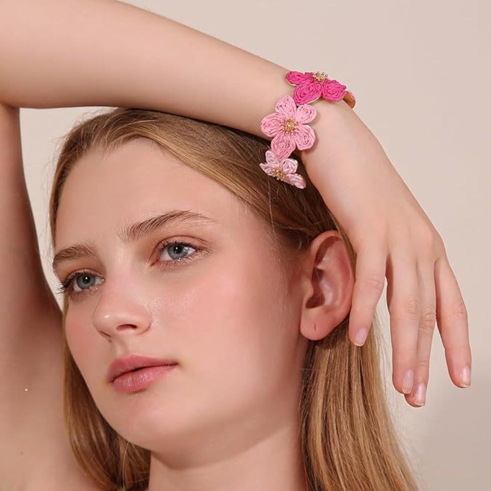 Colorful Woven Flower Bangle Vintage Hand Ring Retro Raffia Grass Bracelet Daily