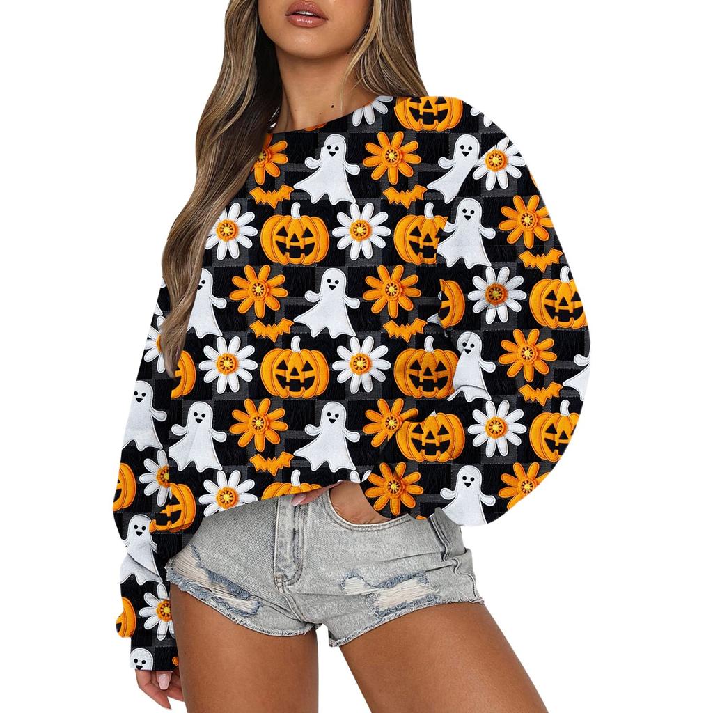 Свитшоты для женщин с длинным рукавом на Хэллоуин, повседневные, с круглым вырезом, свободные, пуловеры, свитшоты, топы