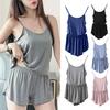 2 Pcs/Set Women Summer Pajamas Solid Color Round Neck Sleeveless Backless Camisole Elastic Waist Shorts Lady Loungewear Sleepwear Set