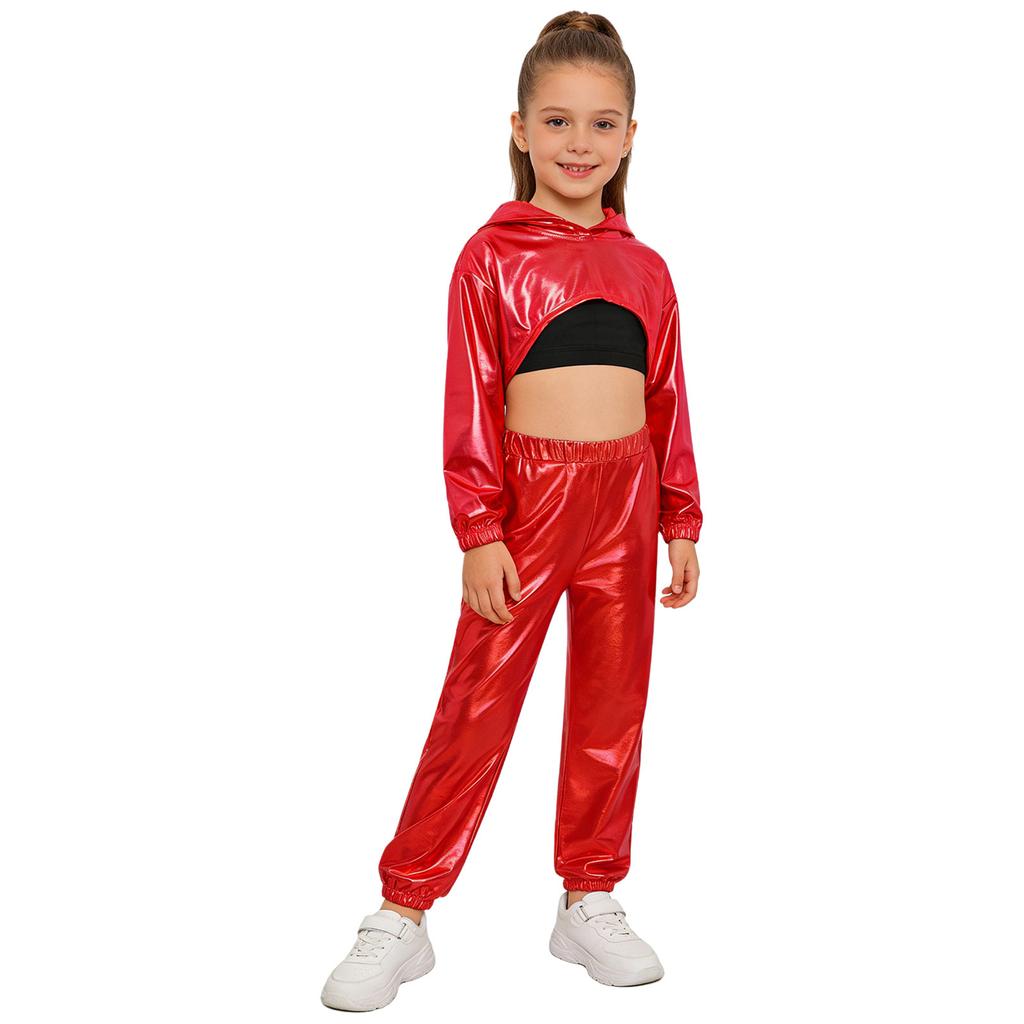 Girls Hip Hop Jazz Dance Costume 3 Piece Set Metallic Cropped Hoodie Sleeveless Keyhole Back Vest Pants
