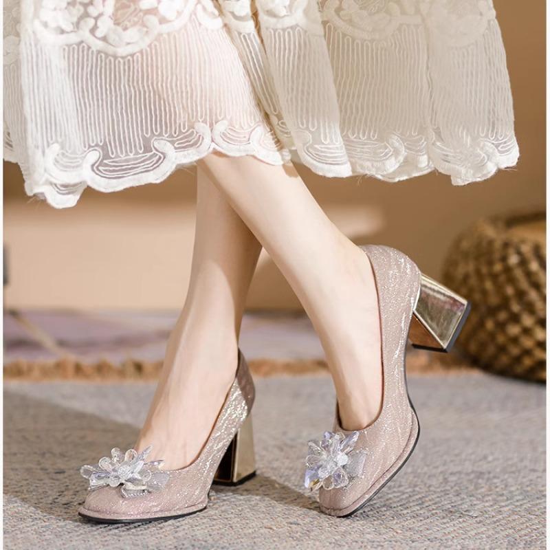 Слипоны Блестящие Модные Туфли на Высоком Каблуке Однотонные Женские 2024 Высокое Качество ПУ Осень Квадратный Каблук Высокий Каблук Мелкие Квадратный Носок Лодочки