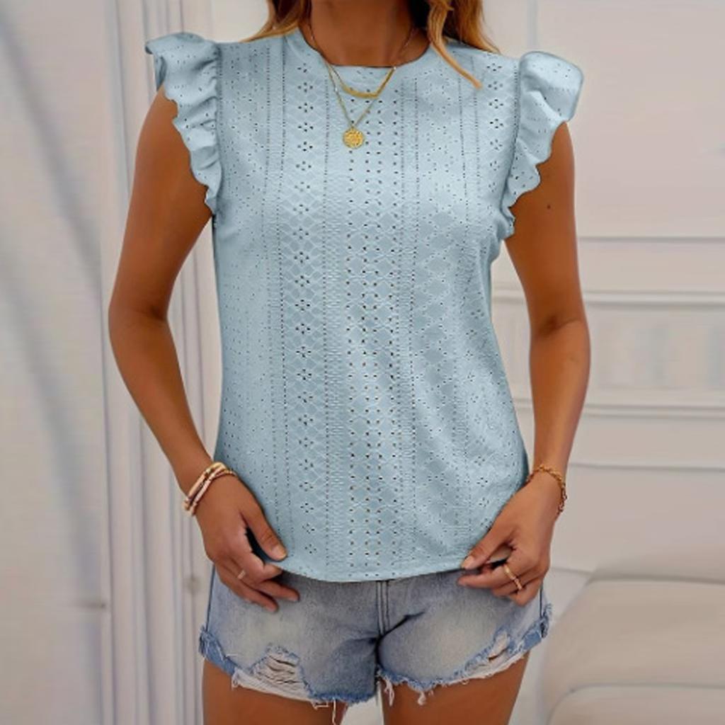 Женская летняя рубашка свободного кроя с коротким рукавом и круглым вырезом для отдыха на лето с люверсами и повседневными вещами
