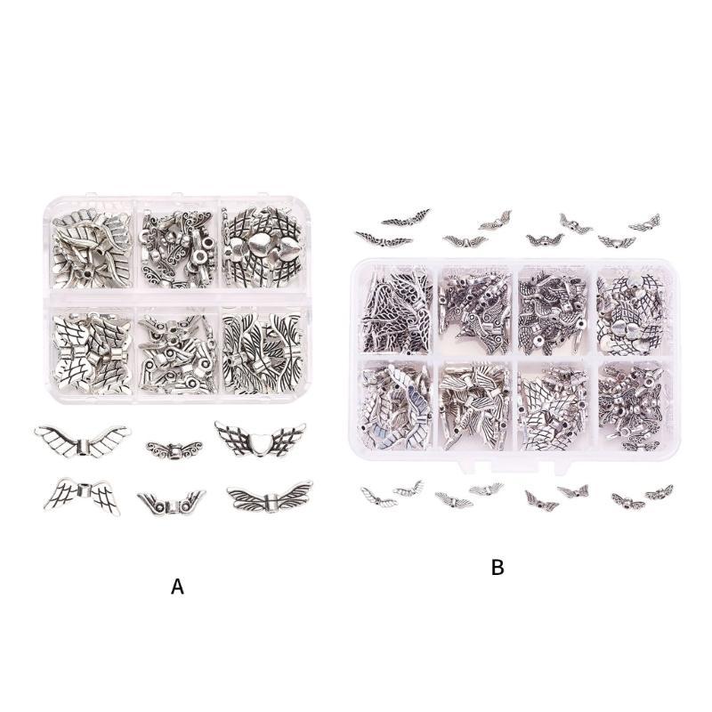 HX6F 6/8 Styles Wing Beads Angel Wing Charm Alloy Spacer Bead Antique Silver Color
