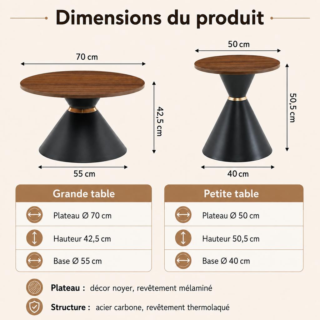 Set of 2 Round Coffee Tables with Walnut Look & Black Metal Cone Base, Space-Saving for Living Room, Bedroom & Office