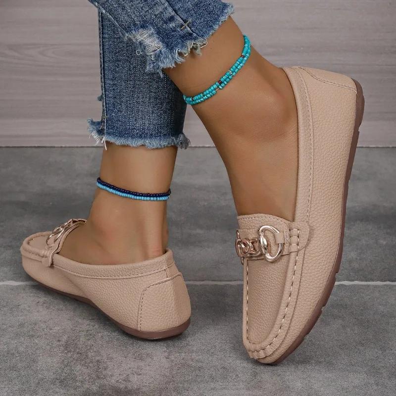 Распродажа женской обуви 2024 года, новые женские туфли на плоской подошве с квадратным носком и металлическим украшением, элегантные повседневные туфли на плоской подошве для зрелых людей