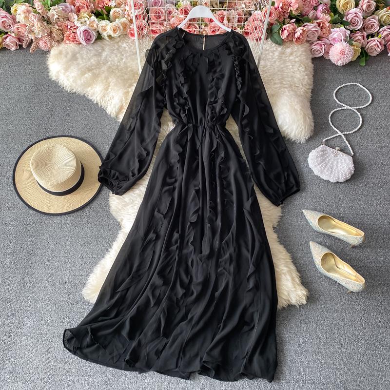 RUGOD 2025 Весна Новое Темпераментное Платье Грибок Женское Платье с Высокой Талией, Длинным Рукавом, V-образным Вырезом, Шифоновое Французское Платье