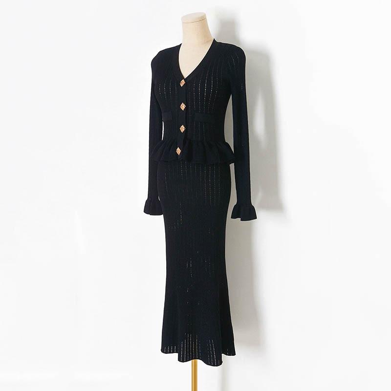 Ruffled Knitted Maxi Dress Women's Solid V-Neck Cutout Party Dress Elegant Patchwork Long Sleeve Female Knitwear Dress