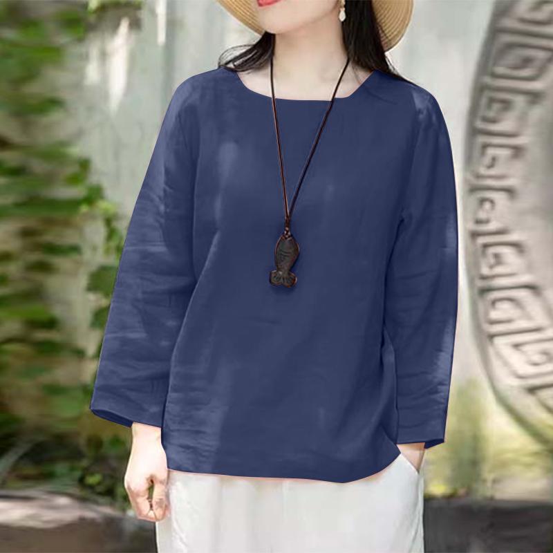 ZANZEA Женские хлопковые однотонные блузки с круглым вырезом и длинным рукавом