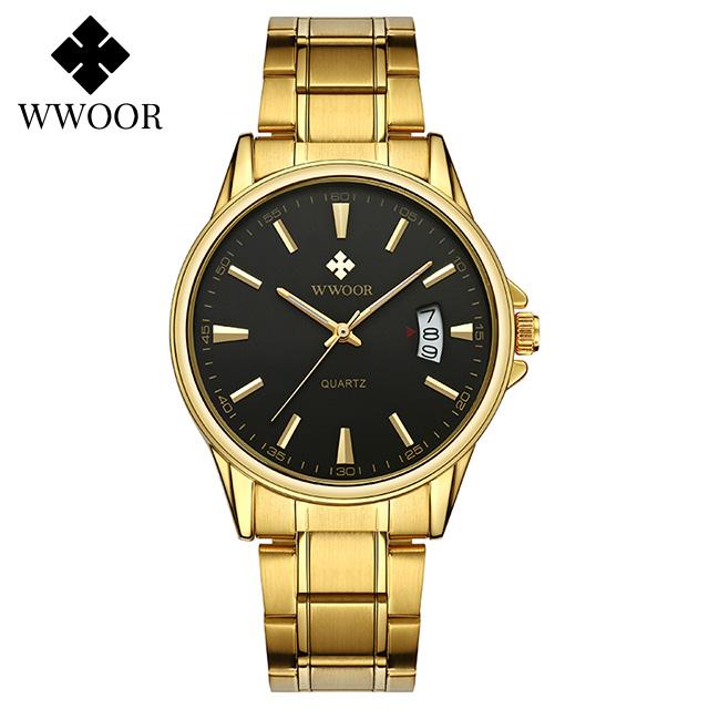 WWOOR Fashion Man's Watches Top Brand Luxury Gold Stainless Steel Quartz Watch Men Waterproof Wrist Watch Relogios Masculino