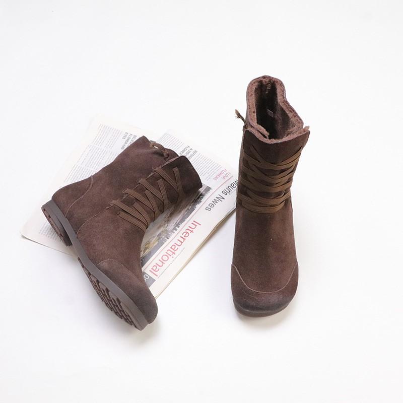 Johnature Плюшевая коровья замша Плюшевые женские полусапоги Ретро шнуровка Теплые на плоской подошве Зимние сапоги