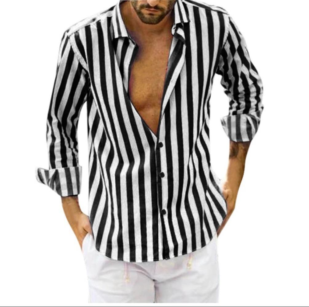 Men's Autumn Long Sleeve Striped Shirt Lapel Loose Tops Man Clothing