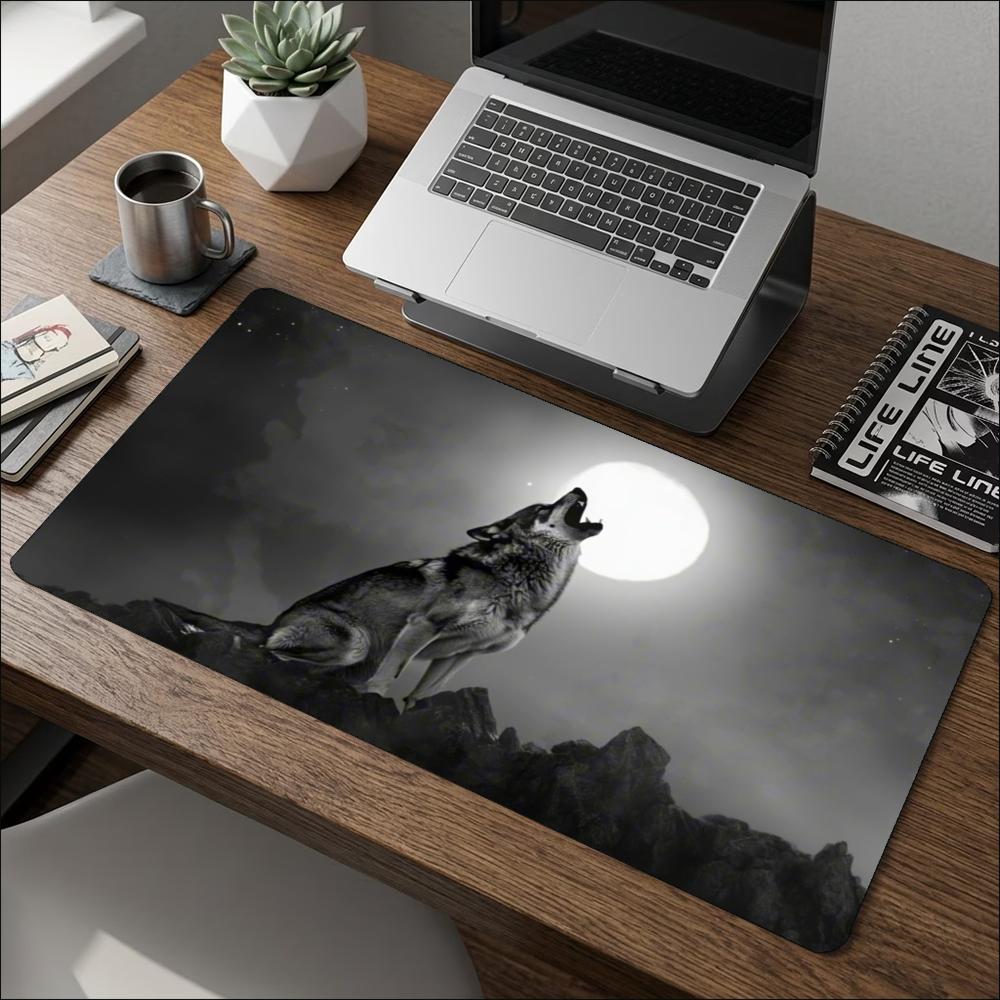 Howling Wolf Under Full Moon Large Desk Mouse Pad Non Slip Rubber Keyboard Mat Desktop Decor For Office Laptop Gaming Setup