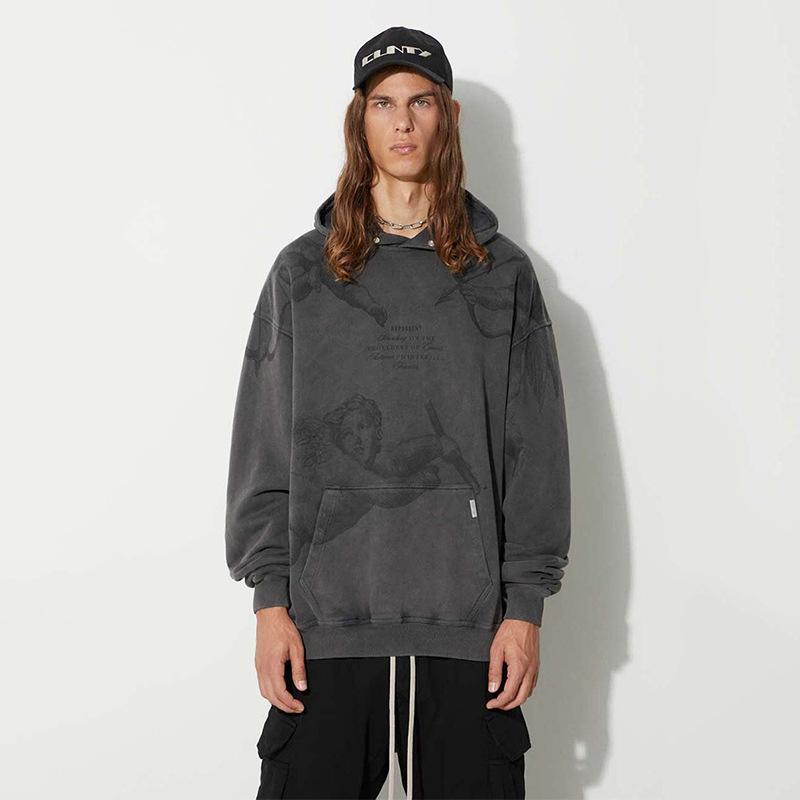 EastRogue Толстовка свободного кроя с принтом ангела Купидона, уличная, вываренная и состаренная, из чистого хлопка, для мужчин и женщин