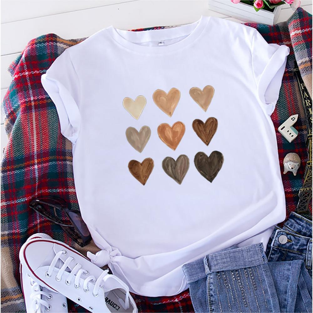 Women's Heart Print Crew Neck Loose Short Sleeve Sports Casual Top For Summer