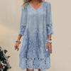 Summer Women Dress V Neck Hollow Out Lace Buttons Three Quarter Sleeves Embroidery Solid Color Loose Knee Length Retro Midi Dress