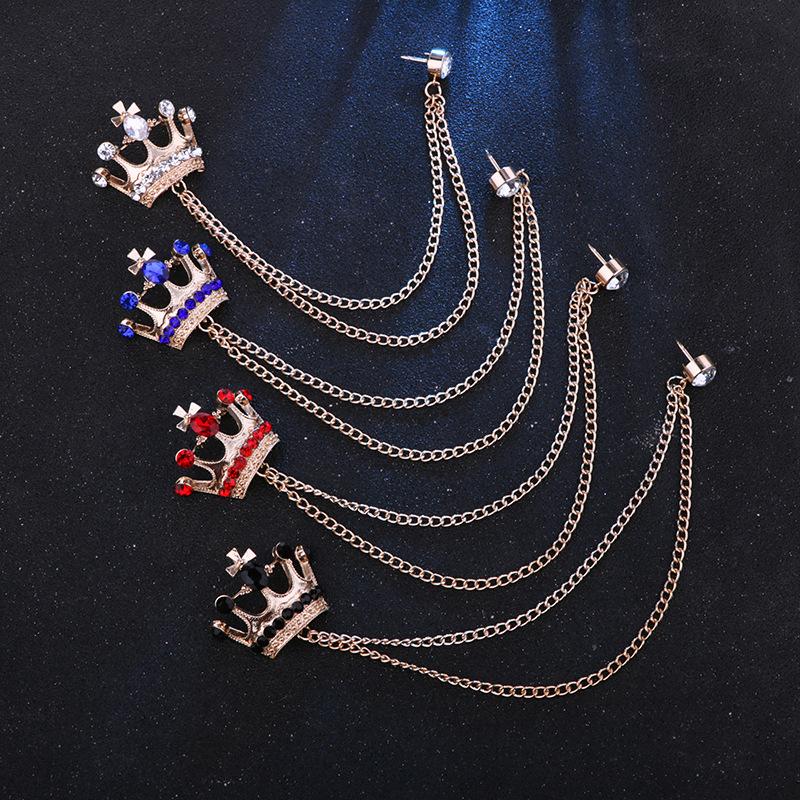 Crystal Men Brooch Pin Crown Fashion Collar Pins Suit Lapel Wedding Gift Jewelry Cross Chain