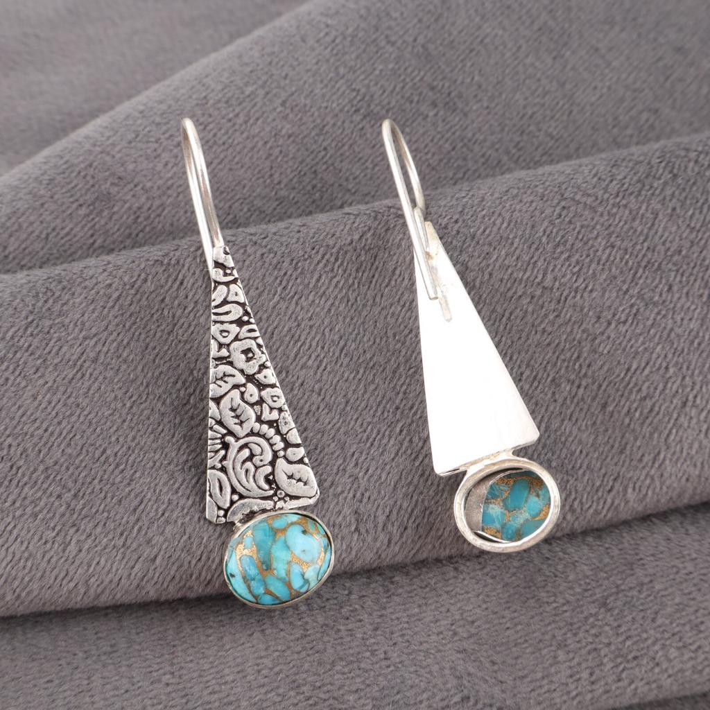 Natural Blue Copper Turquoise Gemstone 925 Sterling Silver Jewelry Earrings 1.9" EE-165-43