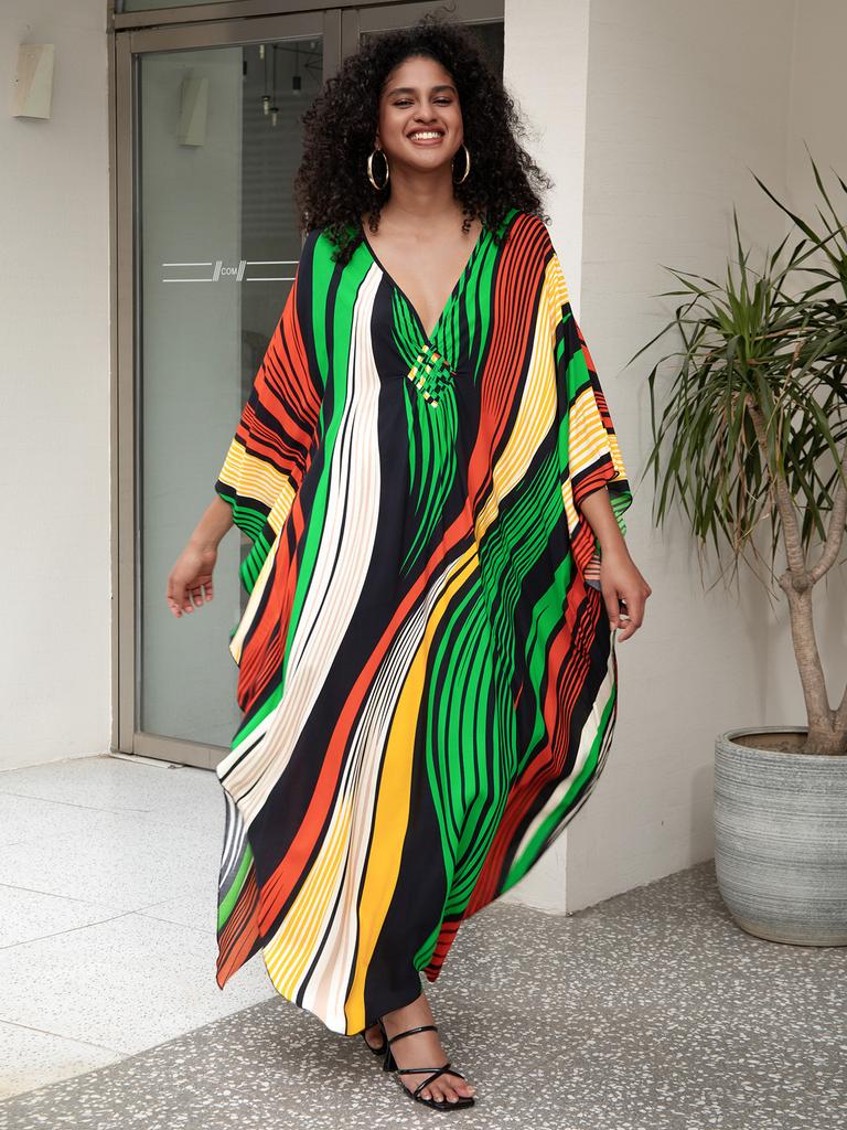 Beach Cover Up Geometric Printed Kaftans for Women Viscose Handmade Waved Maxi Dresses Summer Holiday Bathing Suits