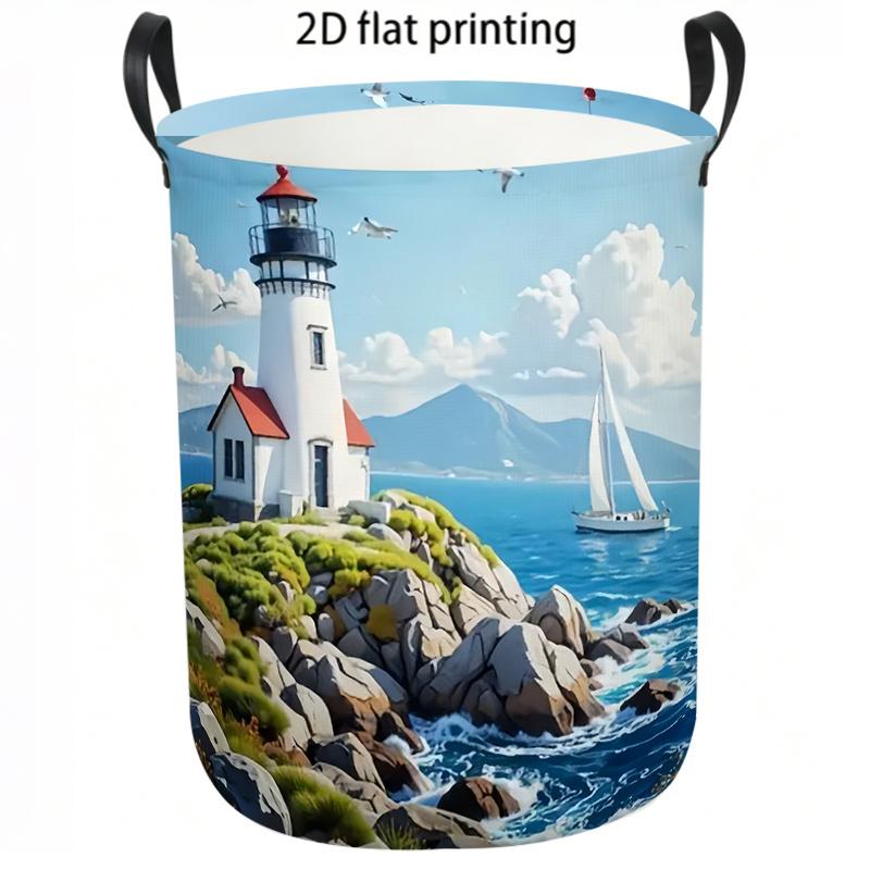 1pc Laundry Basket, Lighthouse Sailboat Ocean View Pattern Dirty Clothes Basket, Large Capacity Foldable Storage Hamper with Handles, Leisure Style Ho