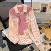 Women Shirt Lapel Long Sleeve Vertical Striped Fake Two-Piece Design Shawl Back Shirt Loose Fit Buttons Placket Shirt Tops