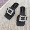 Fashion Summer New Flat Flat Fashion Slippers Women's Rhinestones Square Buckle One Word Sandals Lazy Sandals