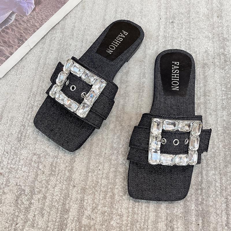 Fashion Summer New Flat Flat Fashion Slippers Women's Rhinestones Square Buckle One Word Sandals Lazy Sandals