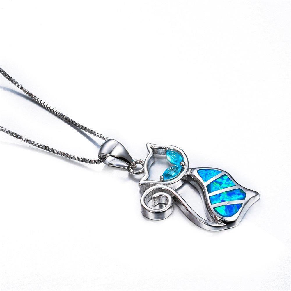 Exquisite Women Fashion Chain Cat Pendant Earrings Jewelry Opal Necklace