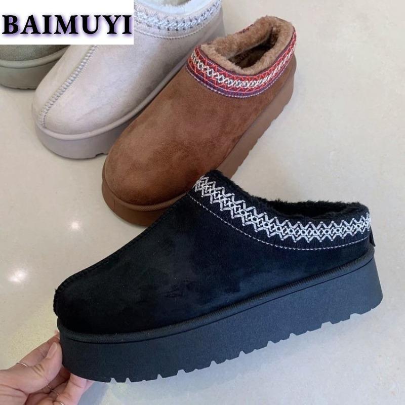 Модные зимние сапоги на платформе с плоскими каблуками Женские меховые тапочки Замшевые хлопковые туфли Женская зимняя обувь 2025 года Трендовые теплые плюшевые ботильоны Повседневные меховые шлепанцы