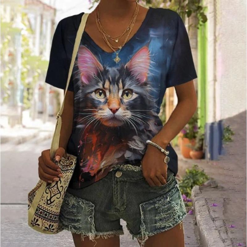 Summer V-neck 3D Animal Flower Printed Top Fashionable Casual Short Sleeved Women's T-shirts