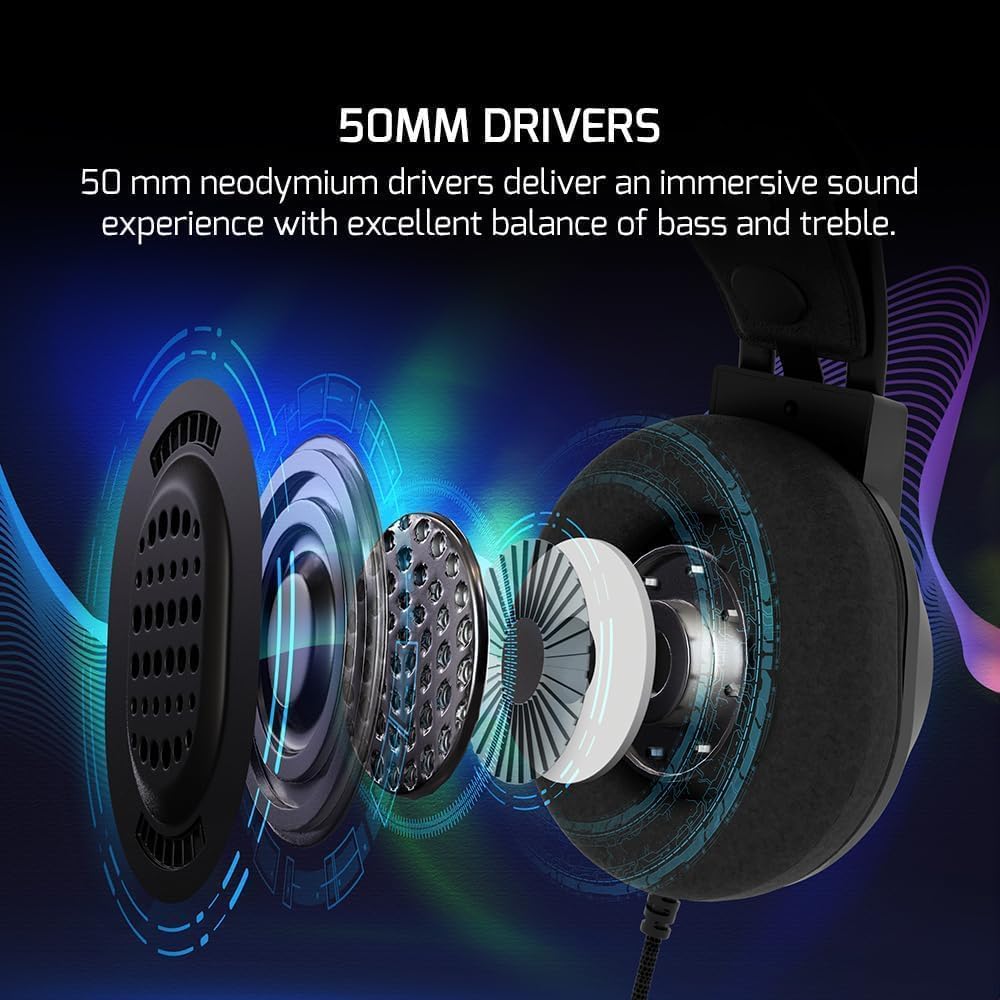 Gaming headset with noise-canceling microphone and RGB lighting; designed specifically for gaming to deliver an immersive gaming experience
