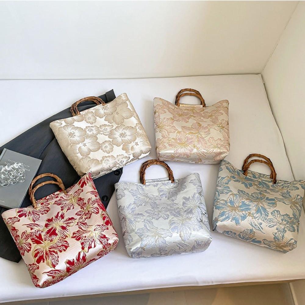 Тканевая жаккардовая сумка-тоут Chegsam Accessories Ручка с бамбуковым суставом Ручная сумка в китайском стиле Большая вместимость Застежка-молния