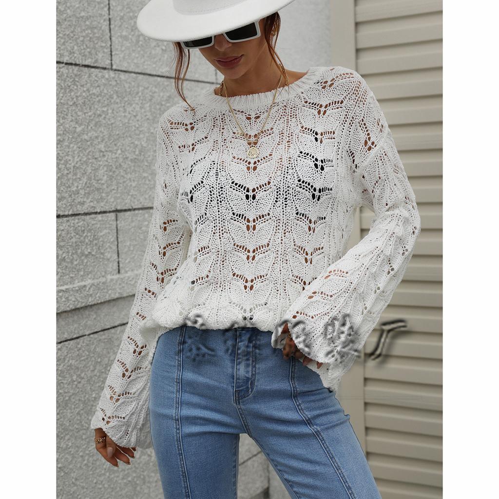 2024 Осень и зима Новый вязаный европейский и американский однотонный крючковый цветочный ажурный пуловер круглый вырез свободный свитер для женщин