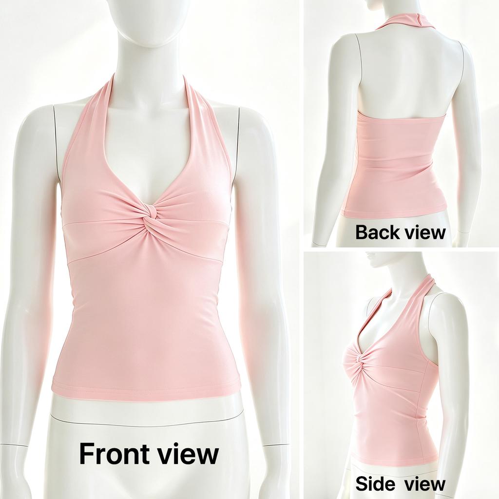 Ladies Halter Neck Sleeveless Tank Top Twist Front Deep V Neck Slim Fit Solid Short Casual Summer Crop Blouse