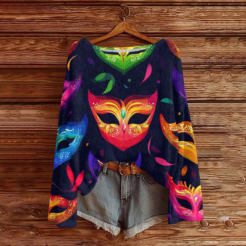 Женский повседневный модный топ с круглым вырезом, с карнавальным принтом, с длинным рукавом, вязаный пуловер