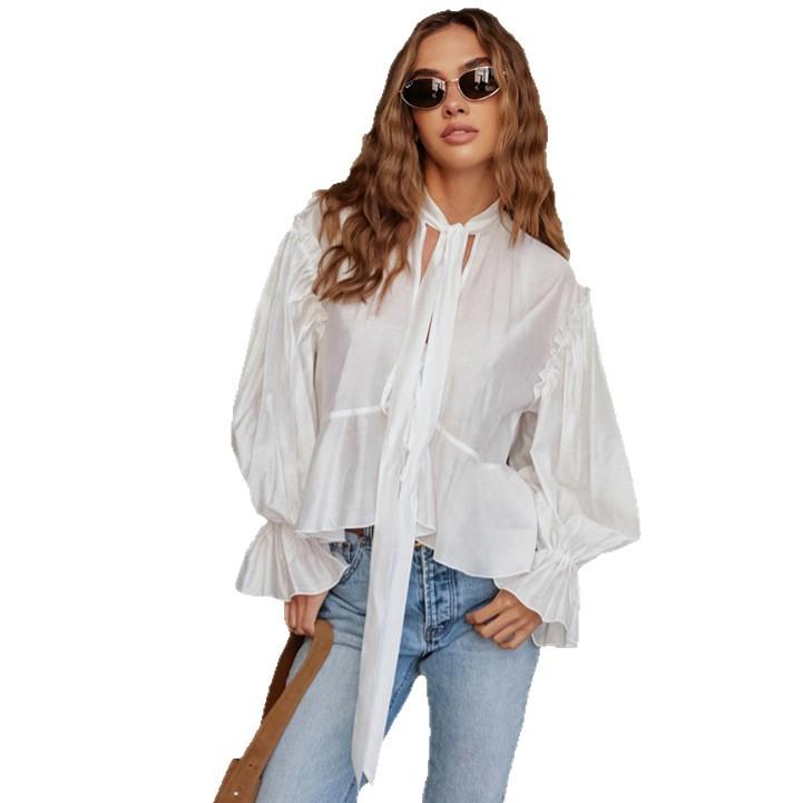 French autumn new product bubble sleeve loose lace-up Tencel shirt 1116 European and American fashion wholesale top women