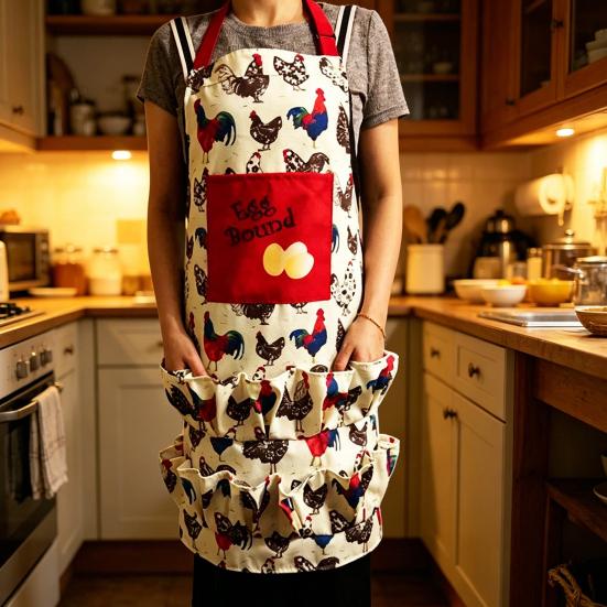 Canvas Apron with Multi-Pockets Egg Gathering Apron for Farm Home Adjustable Waist Fun Rooster Print Utility Apron for Gardening Cooking