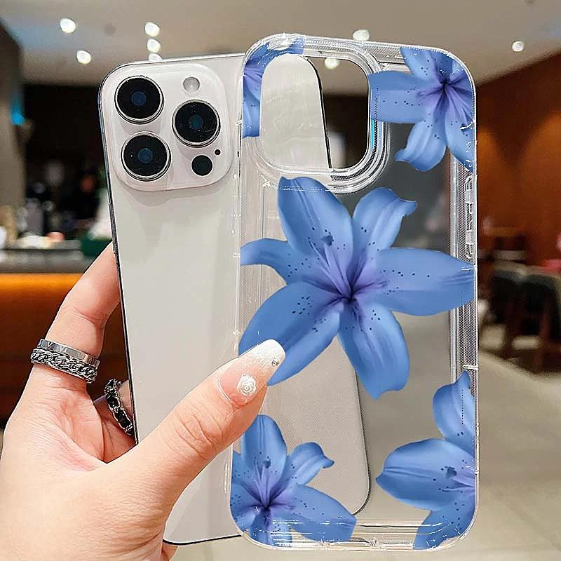 Элегантный чехол для телефона из ТПУ с рисунком синей лилии для iPhone 16 14 Pro Max 13 12 11 Pro Max 14 15 Plus XS XR X 16E 7 8 Plus Задняя крышка