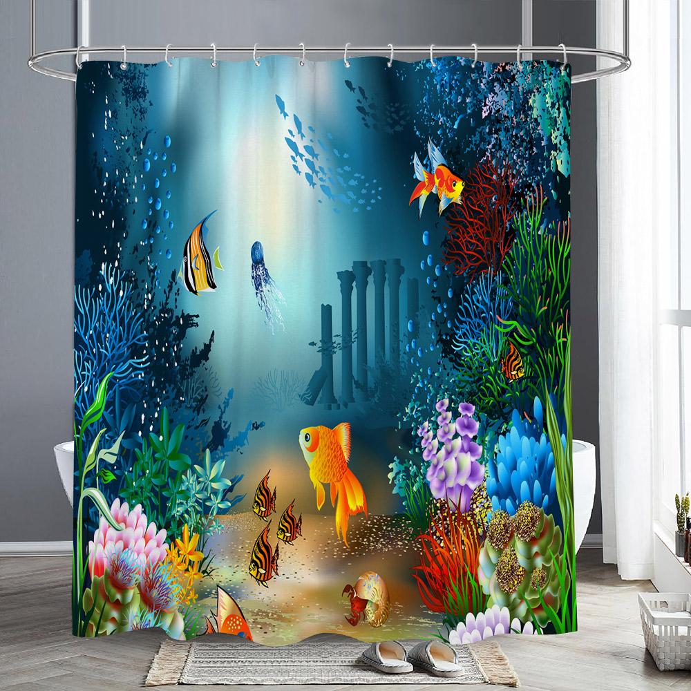 Шторки для душа с морскими животными Дельфин Морская черепаха Рыба Коралл Подводный пещерный пейзаж Ткань Детская занавеска для ванны Декор для ванной комнаты