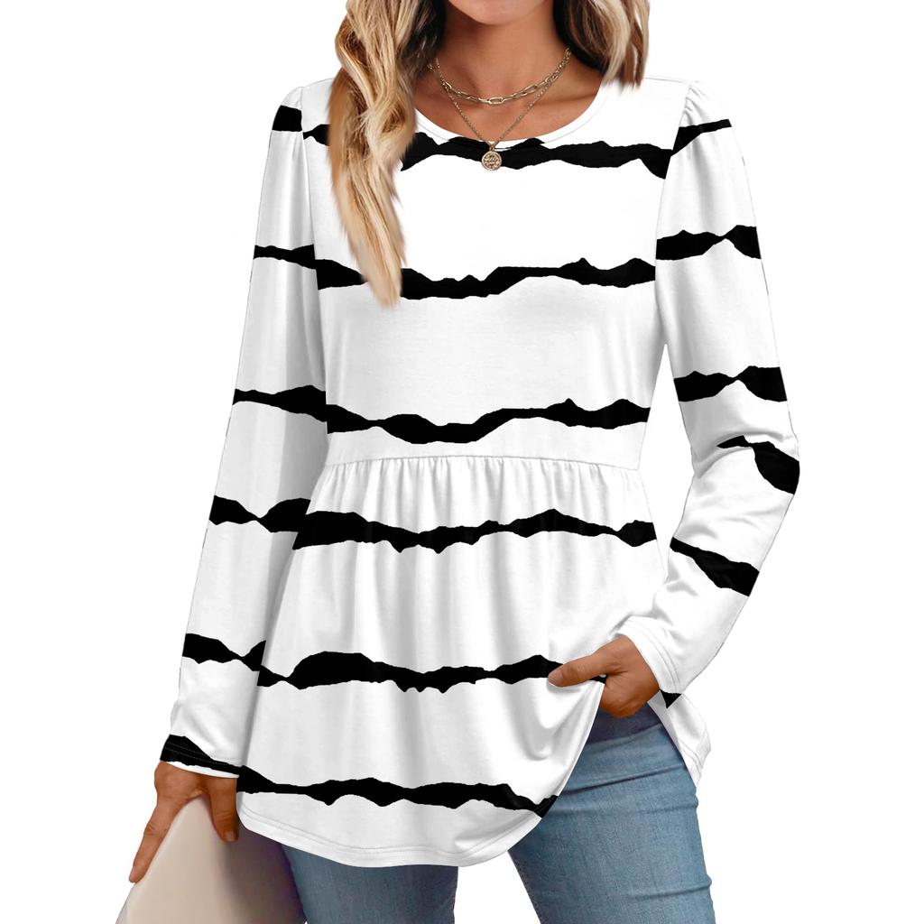 Women's Casual Fashion Long Sleeve Shirt Striped Tunic Top