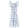 Ретро квадратный вырез цветочный платье лето новый супер сказочный Mori талия тонкий грибной край длинная юбка молочно-голубой