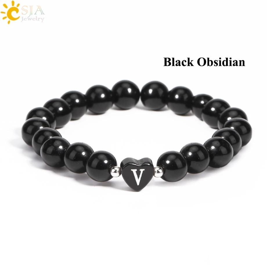 26 Letter A-Z Initial Heart Shape Crystal Bracelets Real Natural Stone Beads Amethysts Obsidian Sodalite Bracelet for Lover H283