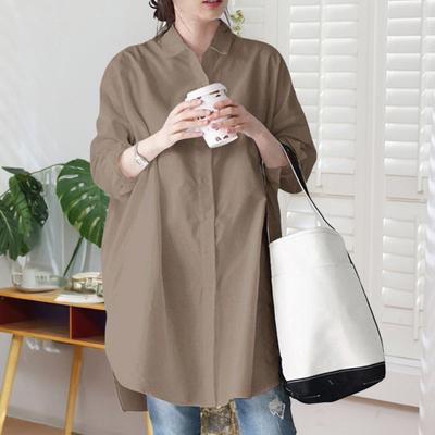 Женская рубашка с лацканами, длинным рукавом, однобортная, топы-рубашки однотонные, средней длины, с неровным краем, топы-рубашки для работы