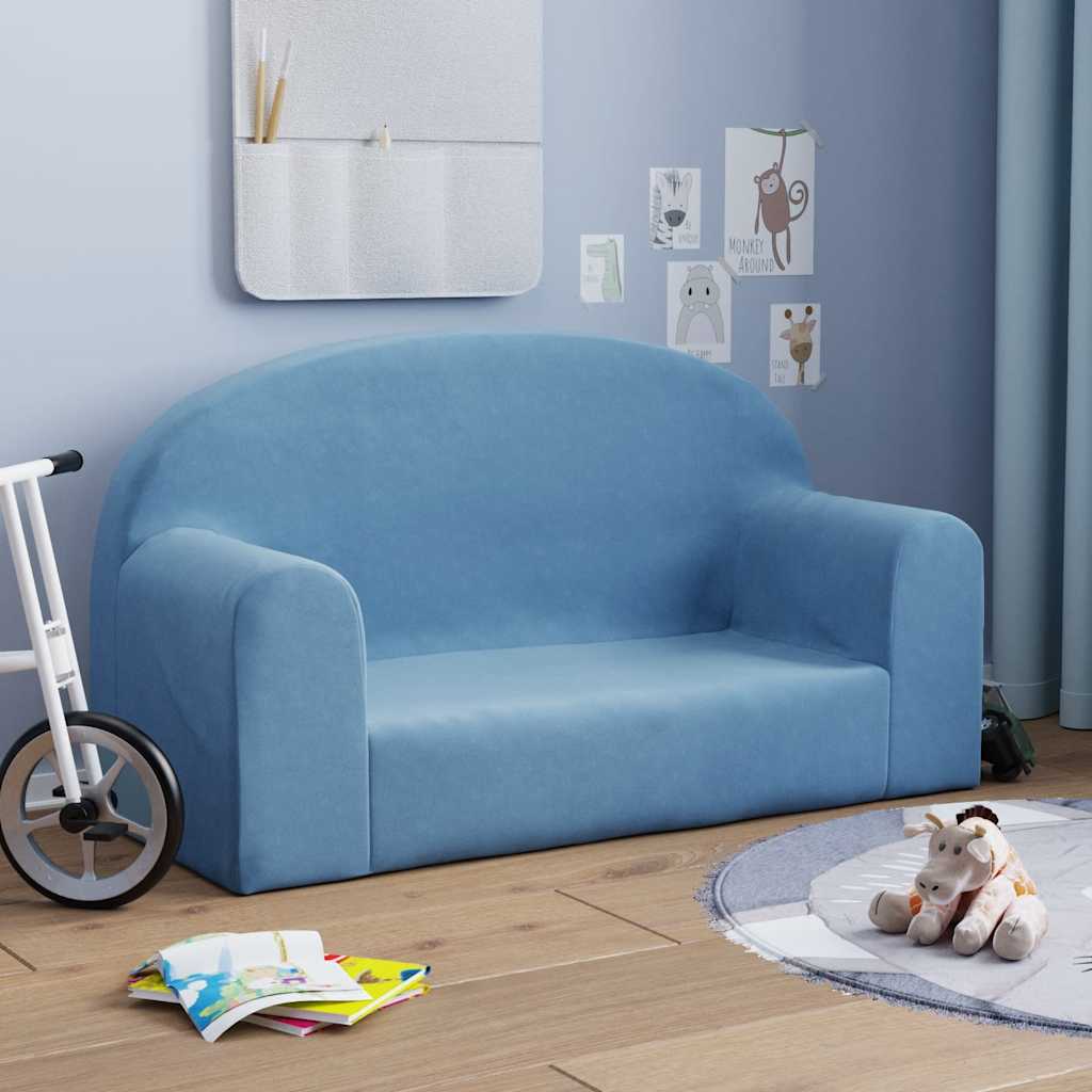 Kids 2 Seater Sofa Blue Soft Plush