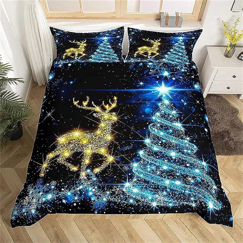 Christmas Duvet Cover Gold Reindeer Bedding Set Boys Girls Room Decor Blue Christmas Tree Comforter Cover Western New Theme