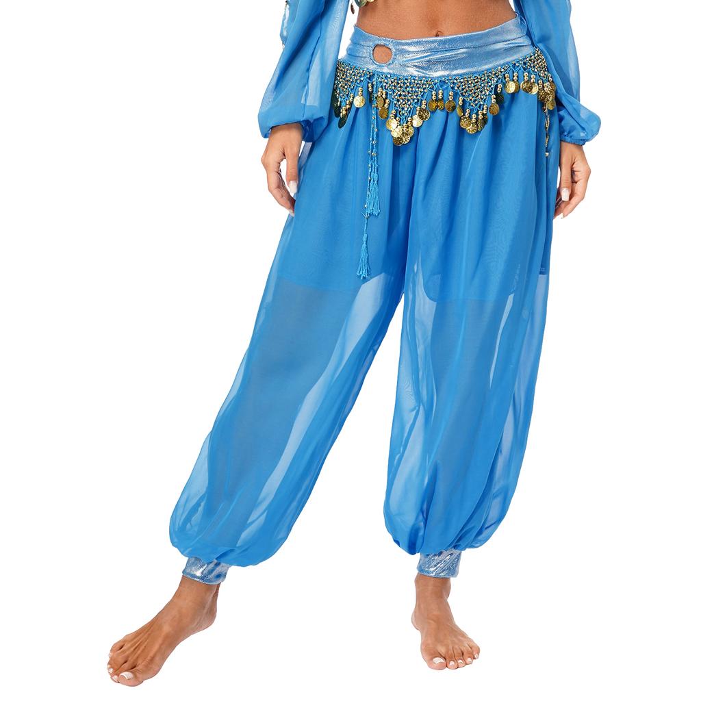 Womens Belly Dance Costume Chiffon Bloomers Plastic Beads Tassels Metallic Ruched Waistband Side Split Pants