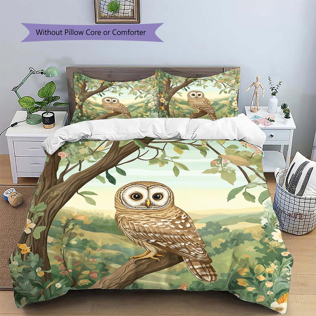 Сова на ветке Узор Комплект постельного белья Одеяло Домашний декор Подарок (1 пододеяльник + 2 наволочки, без наполнителя)