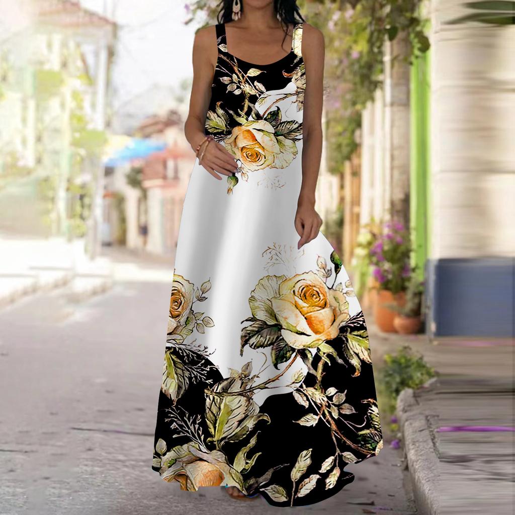 Женское платье-комбинация Длинное платье макси Платье с принтом желтых роз Весна и лето Для отдыха и отпуска