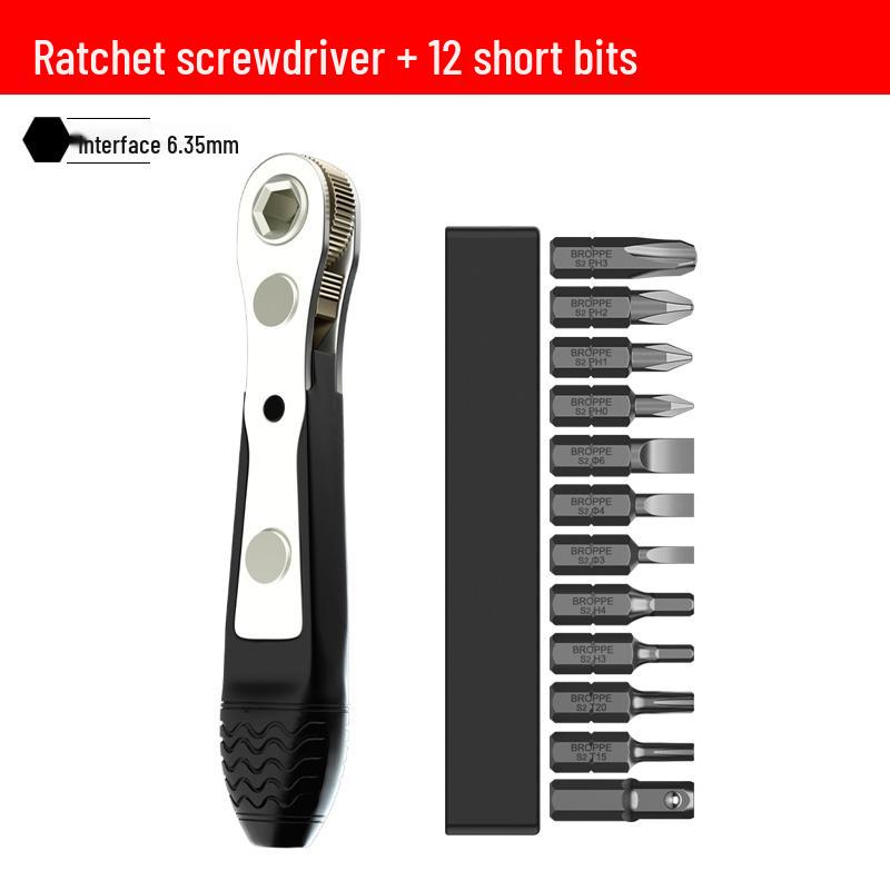Dual-Action Ratchet Right-Angle Screwdriver Set with Short Phillips & Slotted Bits